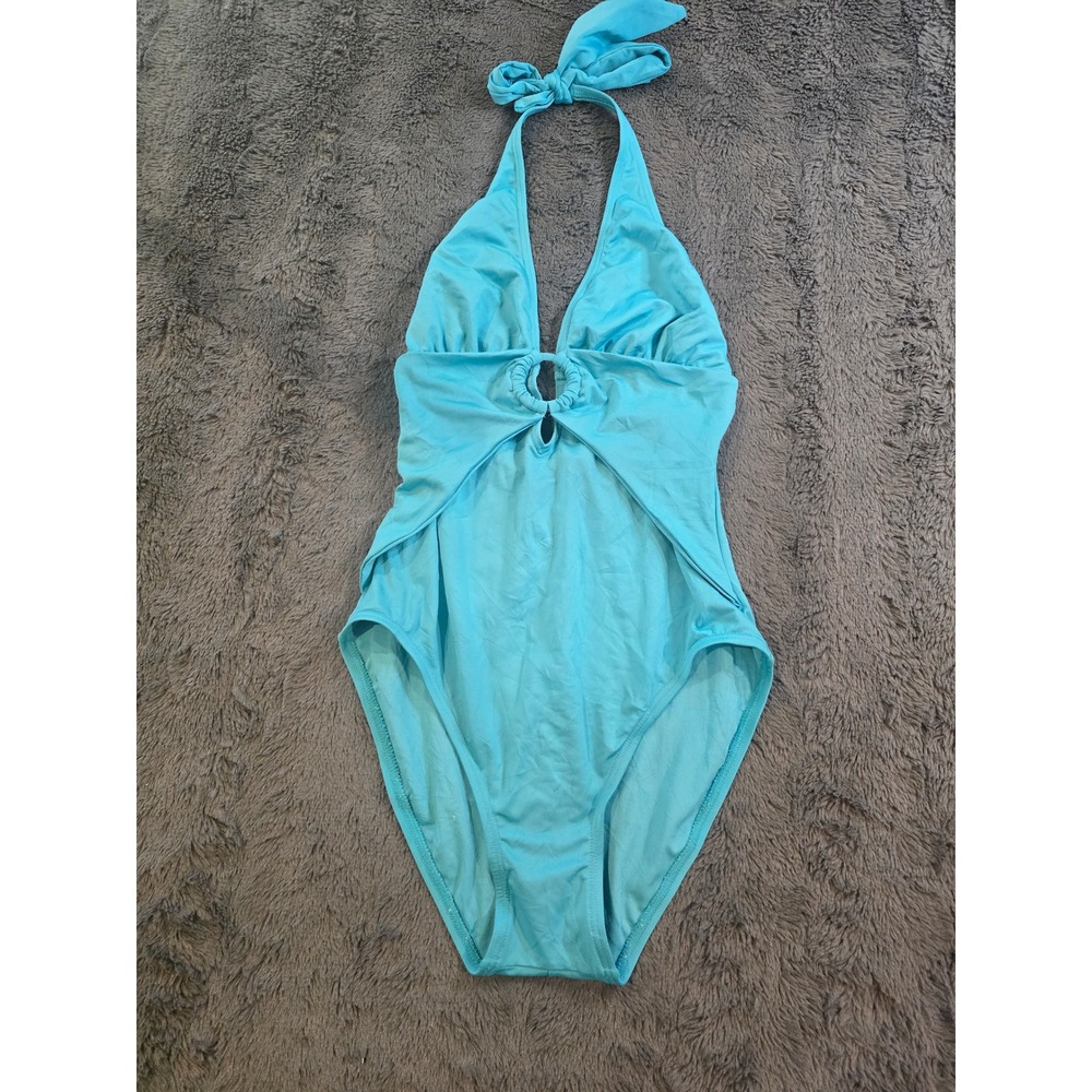 Carmen Marc Valvo Womens Blue Halter Ring Cut Out One Piece Swimsuit 8